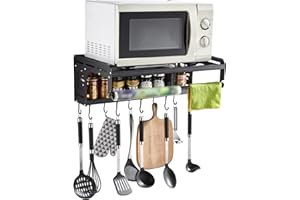 Uziqueif Mikrowellenhalterung, Mikrowellen Regal Mit 10 Haken Und 2 Ablagen, Microwellenhalter Wand Befestigung, Mikrowelle Halterung Schwarz