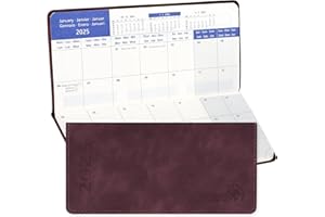 EU POPRUN Agenda Miesięczna 2025-2026 Kieszonkowa, 17,5x8 cm, Twarda Okładka z skóry PU, 24 Miesiące: styczeń 2025 - grudzień 2026, Bordeaux czerwone