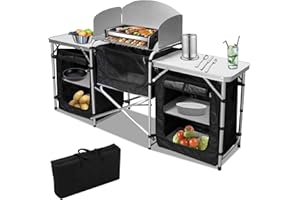 Izrielar Cucina da Campeggio con Paraspruzzi, Mobile da Campeggio con Borsa da Trasporto e Telaio in Alluminio, Mobiletto da Campeggio All'aperto Regolabile in Altezza e Pieghevole per Picnic