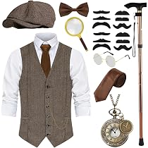 Costume des années 1920, gilet pour homme avec accessoires, marron, loupe, béquille pliable, montre de poche, barbe, lunettes Fedora, cravate, costume de mafia des années 1920, Gangster Peaky