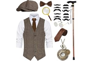 WILDPARTY 20er Jahre Kostüm Herren Weste mit Accessories, Faltbare Krücke Taschenuhr Bart Fedora Gläser, Krawatte, Fliege, für Mafia Kostüm 1920S Gangster Peaky Blinders Karneval Halloween Mottoparty