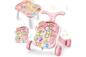NUKIED Baby Walker 3in1 Sit-to-Stand Learning Walker Kids Activity Center with Weight Gain Design Table Music Phone Steering Wheel Multifunctional Educational Push Toy forToddlers Boys Girls (Pink01)