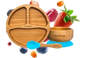 nohla ® - Bamboo Baby & Toddler Suction Plate, Bowl & Silicone Spoon Weaning Set - Suction Ring for Secure Grip on Smooth Surfaces - Eco-Friendly, BPA-Free - Blue