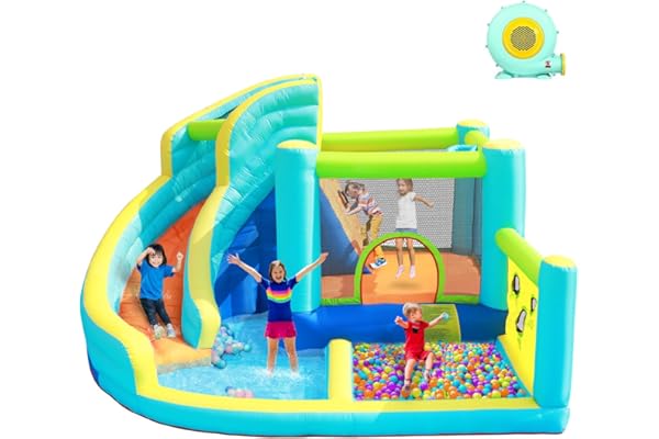 Château Gonflable Parc Aquatique pour Enfants avec Toboggan Trampoline Pataugeoire Mur d'escalade et Panier de Basket Grand Château Gonflable pour Jardin Extérieur Peut contenir jusqu'à 4 Enfants