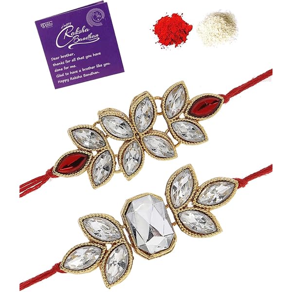 Sukkhi Premium Rakhi Combo Set For Brother - 2 Gold Plated Kundan & Pearl Rakhis With Meenakari, Roli Chawal & Greeting Card (CBRAK106943) - View #10