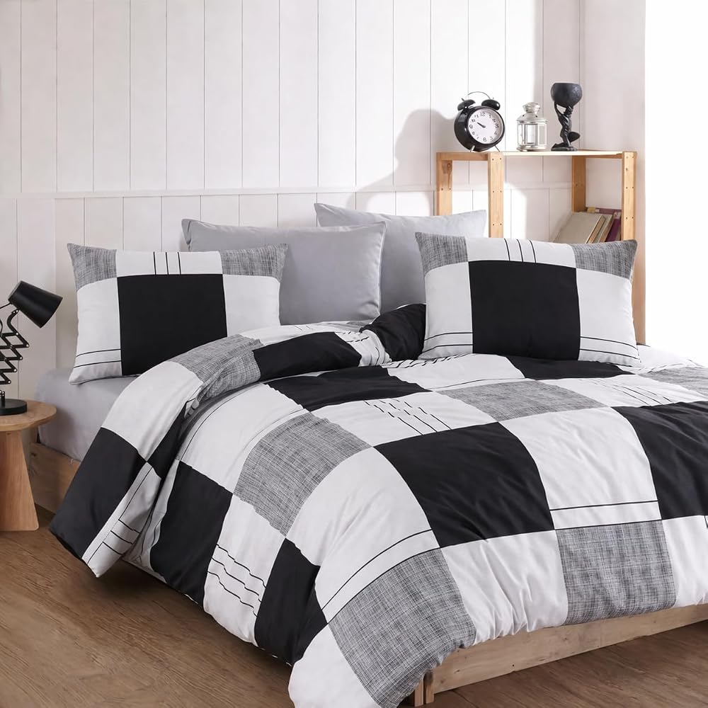 Lüks%80 Pamuklu Çift Kişilik Nevresim Takımı Seti Yorgan Kılıfı Siyah Gri Beyaz Kareli Desen 200x220 cm + Lastikli Battal Boy Çarşaf 180x200x30 cm +2 Yastık Kılıflı 50x70 cm