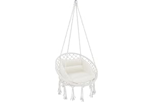 ARREDITALY Poltrona Sospesa Da Giardino Corda Di Cotone Effetto Macrame' Struttura Pensile In Acciaio Cuscino Amaca Sedia A Dondolo Con Seduta Imbottita Per Esterno Terrazzo Design Moderno Fino A 160 Kg (Ecrù)