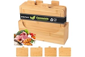 Caossuixin Bamboo Chopping Boards Set of 4, Cooks Professional Wooden Chopping Board Set with Stand, Wooden Food Preparation Cutting Blocks with Tabs, Cutting Board for Fruit, Vegetables, Meat, Bread
