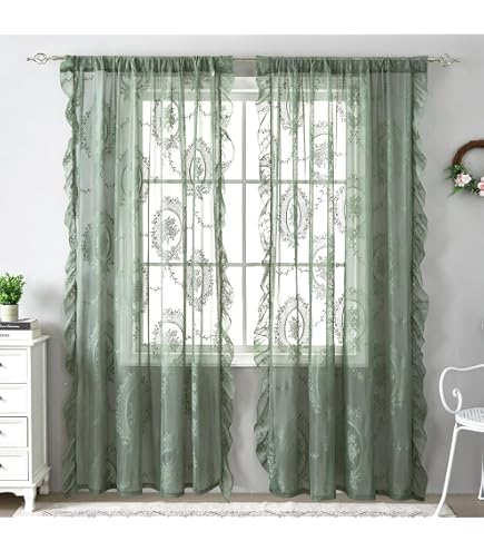 thumbnail interactive-video image 1 of Green Lace French Curtains 52x63 Inch - Romantic Flower Sheer Boho Panels With Grommet Top 1 of 9