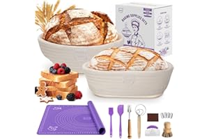 MIAOKE 16 Pièces Banneton Pour Pain – Fouet à Pâte, Lame à Pain, Paniers de Fermentation Ronds de 25,4 cm et 9 Ovales, Grattoirs à Pâte, Brosse de Cuisson, Doublures de Panier