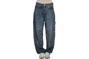 GENERICO 2025 Jeans Haren Larghi con Strass Casual Primaverili da Donna Pantaloni Vintage in Denim a Vita Alta Pantaloni Larghi con Strass a Vita Alta Jeans Lucidi Dritti a Gamba Larga Deals of The Day