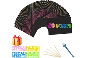Papier a Gratter Arc en Ciel - ARPDJK 50 Feuilles a Gratter Noir, Dessin Gratter pour Enfants avec 5 Stylo en Bois, 4 Règles modèle et 1 Pinceau