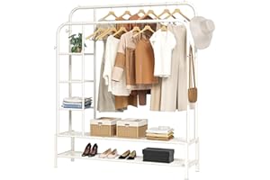 JOISCOPE Appendiabiti da Terra Canne Doppie e 3 Ripiani Laterali, 125.5x164.5cm Stand Appendiabiti con 2 Scarpiera, Appendiabiti da Camera Multifunzione per Riporre Vestiti, Borse e Scarpe, Bianco