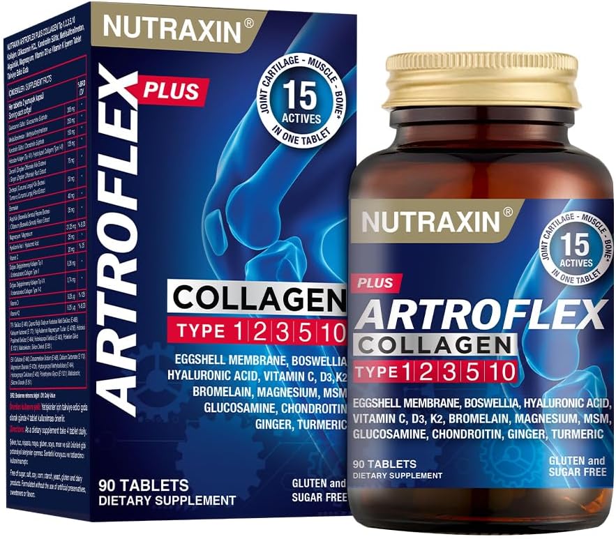 Nutraxin Artroflex Plus Collagen | Tip II Kolajen, Glukozamin, Kondroitin, MSM ve Hyalüronik Asit | Şeker ve Gluten İçermez | 90 Tablet
