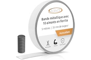 ECENCE Bande métallique autocollante 5 m x 35 mm - avec 10 aimants en ferrite - Ruban métallique pour notes, photos, figurines, bricolage