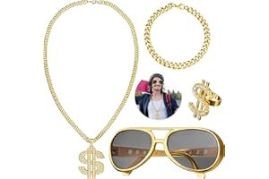 QUNKUN Zestaw 4 łańcuszków w stylu dolara, hip hop, akcesoria raper, biżuteria hiphopowa, łańcuszek, znak dolara, pierścionek, okulary przeciwsłoneczne, bransoletka w stylu retro, z lat 80-tych i 90-tych, kostiumy i akcesoria