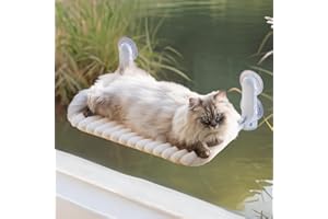MEWOOFUN Percha plegable para ventana de gato con funda extraíble y reversible, hamaca suave para ventana de gato con marco de acero reforzado, soporta hasta 18 kg (blanco, L)