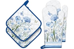 ‎ARQUIEL Arquiel Ofenhandschuh und Topflappen 4er Set, 100% Baumwolle Kochhandschuhe, Hitzebeständiger Küchenhandschuh Zum Kochen Backen Grillen Geschenk,Blaue Wildblumen