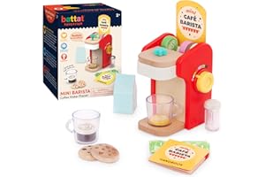 Battat Education - Jouet Mini Barista en Bois - Jouet Cafetière Espresso et Accessoires avec Sons - 22 pièces - Jouet de Simulation - Accessoire de Cafe - 2 Ans Plus