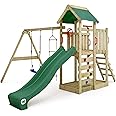 WICKEY Wooden climbing frame MultiFlyer with swing set & green slide, Outdoor kids playhouse with sandpit, climbing ladder & play-accessories for the garden