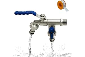 Vancoco Double Ball Valve Tap Outdoor Garden 3/4 Inch and 3/4 Inch Connection 2 Hose Connections & Sealing Tape Outdoor Tap for Outdoor Water Tap Garden Water Butt & Irrigation System