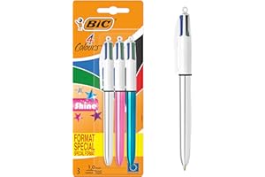 BIC 4 Couleurs Shine Stylos-Bille Rétractables Pointe Moyenne (1,0 mm) - Corps Assortis Métallisés, Blister Format Spécial de 3