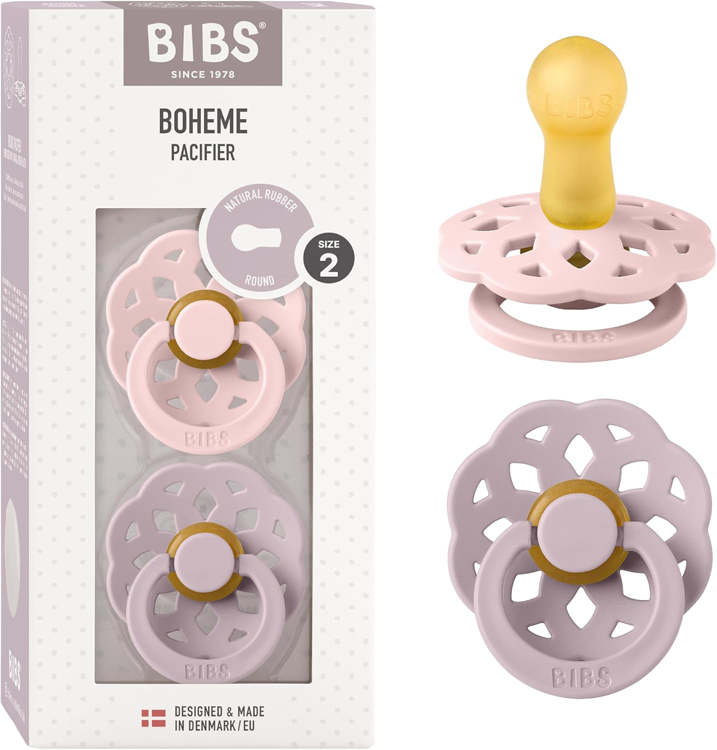 BIBS Boheme Soother 2-Pack. BPA Free. Round Nipple. Natural Rubber Latex, Made in Denmark. Size 2 (6-18 Months), Blossom/Dusky Lilac