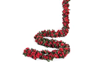 Weldomcor Pack of 5 Artificial Red Garland 2.45 Metres Flower Garland Roses Vines Silk Flowers Outdoor Hanging Artificial Flowers Decoration for Wedding Arch Bedroom Wall Backdrop Garden Decoration