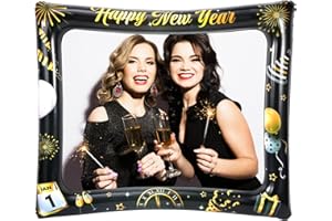 HOWAF Silvester Deko 2026, Happy New Year Aufblasbarer Fotorahmen Fotobox Accessoires Frohes Neues Jahr Aufblasbarer Bilderrahmen Selfie Foto Requisiten für Happy New Year Deko 2026, Schwarzes Gold