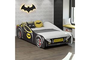 ‎KIDS COLLECTIVE Kids Collective Autobett 80x160 cm Kinderbett Jugendbett mit Rausfallschutz | Kinder Spielbett Batman Batmobil Bat Car Auto Bett in schwarz optional mit Matratze | von 3. bis 10. Lebensjahr