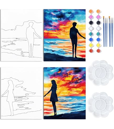 VOCHIC 2er-Pack Mal-Set Für Erwachsene – Vorgezeichnete Leinwand 20,3 X 25,4 Cm, Acrylfarben, Pinsel & Palette