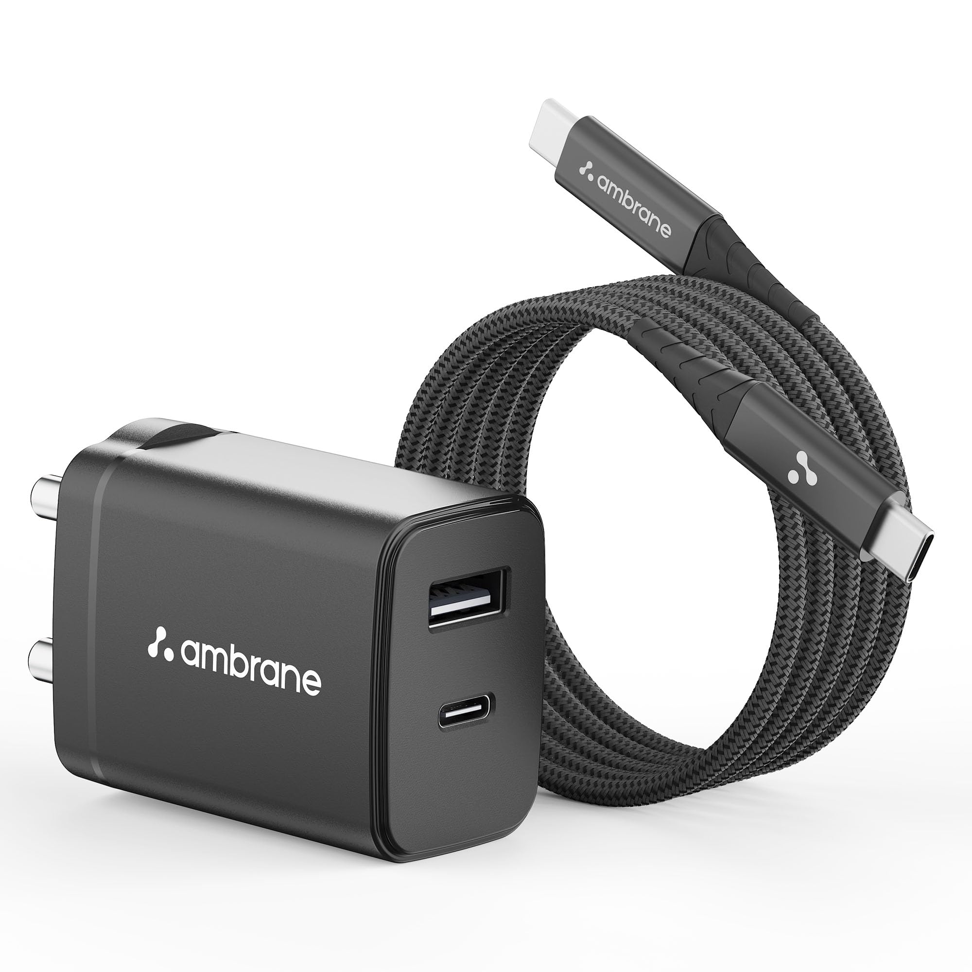 Ambrane 30W Dual Port GaN Charger, USB & Type C Fast Charging Adapter For iPhone 16/15/14/13/12/11 (Pro,Pro Max,Plus), iPad, Google Pixel, Samsung & All Type C devices BIS Certified (Charge 30, Black)