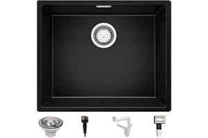 Fregadero bajo Encimera 56 x 47 cm, Fregadero Granito Un Seno + Sifón Automático, Fregadero Cocina London 60 de Primagran, Negro