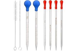 HATANSE 6 Pezzi Vetro Pipette, Pipettatori Contagocce Graduati, Contagocce Graduato di Vetro 0,5ml 1ml 2ml 3ml 5ml 10ml con 2 Spazzola di Pulizia per Liquida,Olio Essenziale, Laboratorio, Chimica