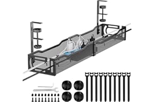 Tivddikun Cable Management, 25''/64CM Long Under Desk Cable Management No Drill, Metal Cable Tidy with Clamp for Standing Desk, Cable Organiser for Home Office, Black