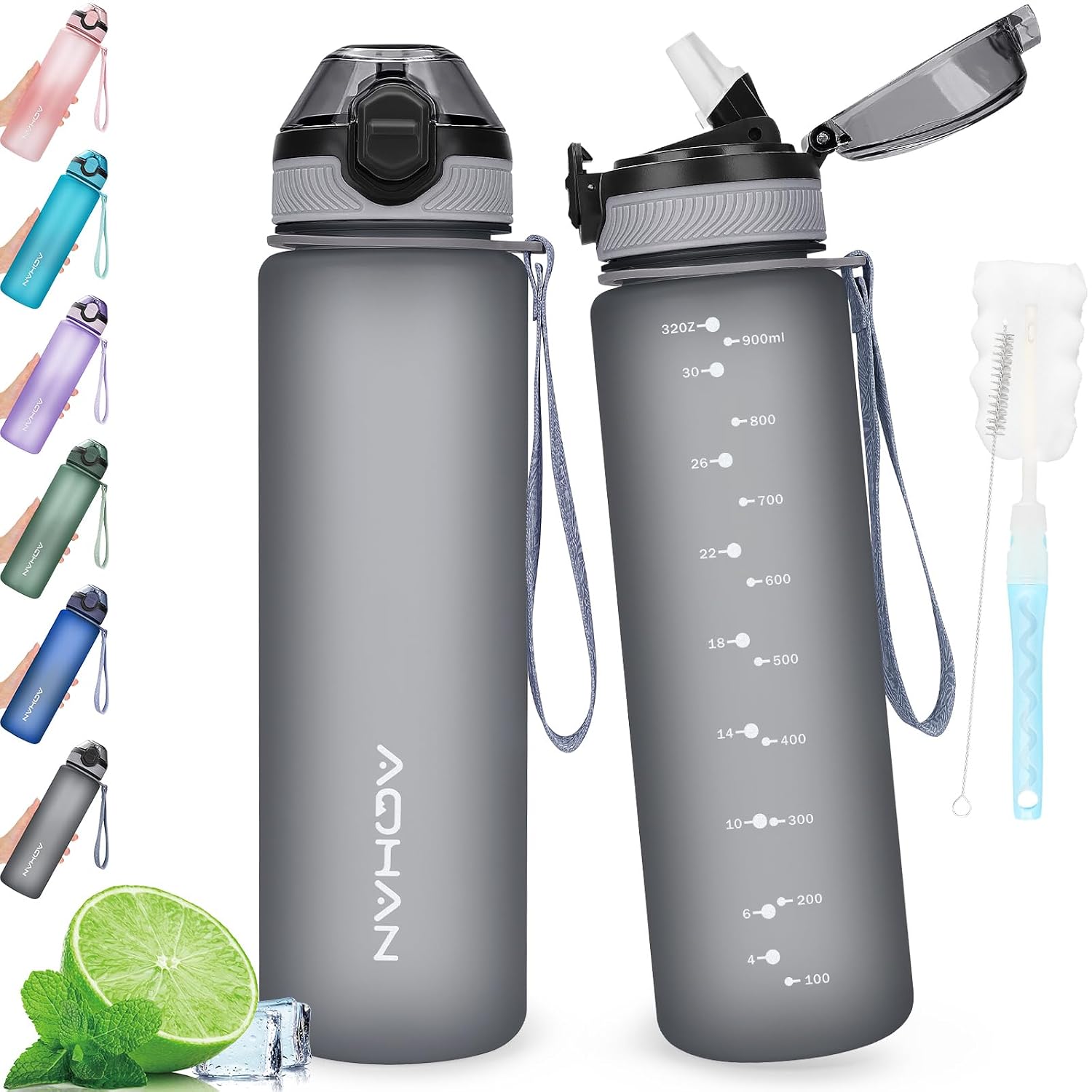 AOHAN Waterfles van 1 liter met lekvrije klapdeksel, BPA-vrije sportdrinkfles met rietje, vaatwasmachinebestendig, niet-giftige waterfles met draagriem