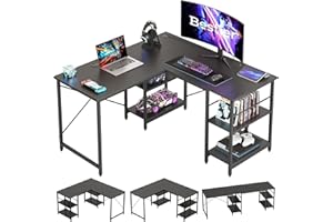 Bestier Scrivania a Forma di L con Ripiani ad Angolo Reversibile 220 CM Tavolo Lungo Industriale Scrivania Stabile Postazione di Lavoro per Computer con 3 Fori per Cavi