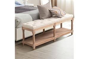 Bonzy Home 116cm Vintage French Dining Bench Seat with Shoe Storage, Tufted Upholstered Entryway Bench Ottoman Storage Bench, End of Bed Bench for Bedroom, Living Room, Kitchen, Hallway, Beige
