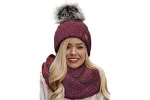 4sold Winter Cappello Set da Donna Taglia Unica di Lana di Mohair e Sciarpa Invernale di Lana Berretto Beanie Fodera in Pile Pompom Artificiale