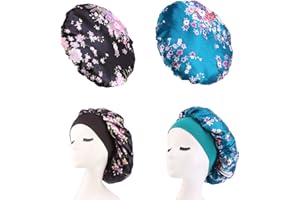 MEETTIKEY 2 Gorros de Noche de Seda Para el Cabello, Gorro de Satén Elástico Reutilizable Para el Cuidado del Cabello, Accesorios de Baño Para el Cabello Largo y Rizado Para Mujeres (Cian + Negro)