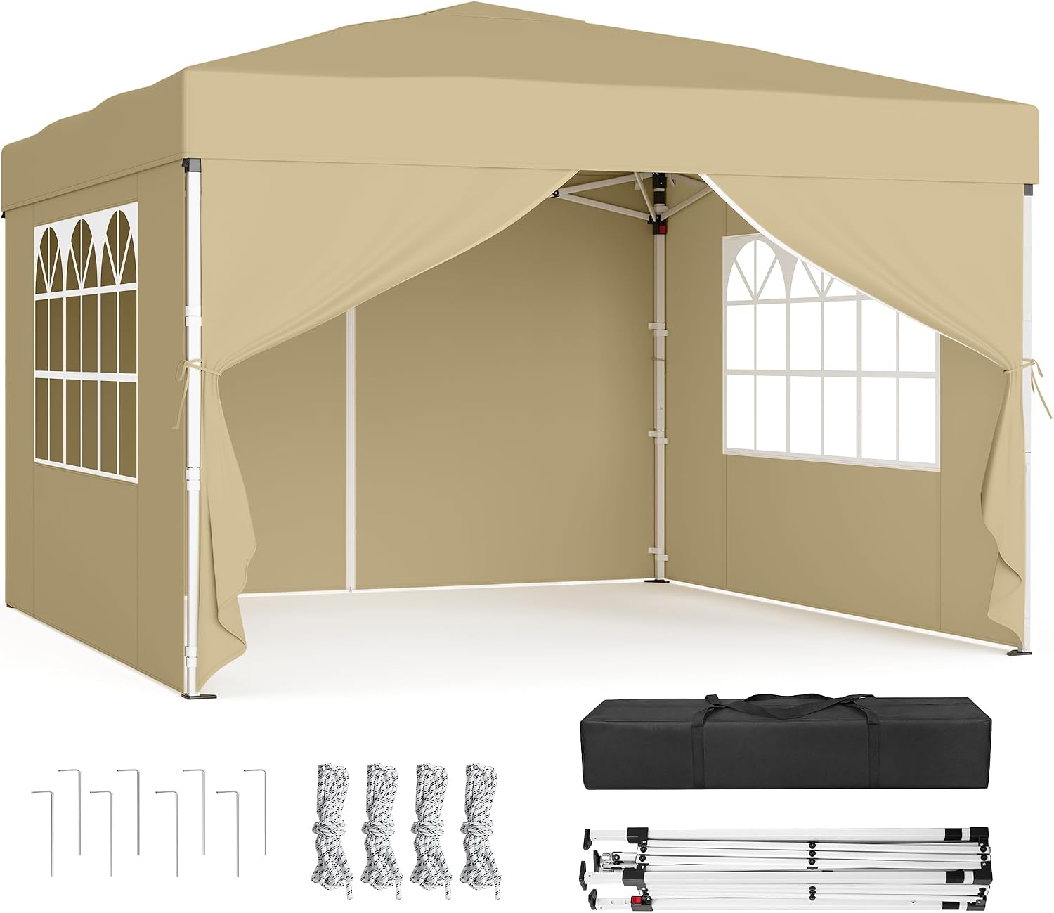SONGMICS Cenador 3 x 3 m con Paneles Laterales, Carpa Plegable, Protección Solar, Resistente a Lluvia Ligera, Portátil, para Patio, Jardín, Mercadillo, Beige GCT104LZ01