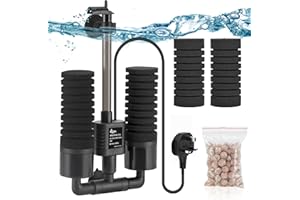 AQQA Aquarium Double Sponge Filter, 3W/5W Quiet Electric Power Fish Tank Filter, Submersible Foam Filter with 4 Sponges, 1 Bag of Bio Filtered Ceramic Balls (S)