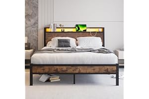 JELUTE King Size Bed Frame with Charging Station and LED Lights, Wood Headboard with Storage Shelves, Heavy Duty Metal Slats, No Box Spring Needed, Noise Free, Easy Assembly,Black