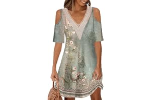 ABYOVRT Letnia sukienka damska z krótkim rękawem sukienka z nadrukiem na co dzień koronkowa sukienka z dekoltem w serek