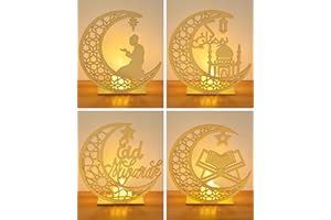DJLLA 4 pezzi Ramadan Decorazione in legno Stella Luna LED Ornamenti in legno Candela Luce Eid Mubarak Lampada Lanterna Luce notturna musulmana Festa islamica Decorazione da tavolo