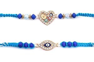 SWACRAFT Raksha Bandhan Set of 2 Rakhi for Brother | Evil Eye Heart Design Rakhi for Small Brother Sister| Evil Eye Rakhi for Brother Bhaiya Bhabhi | Designer Om Rakhi for Brother | VRDUK018