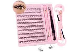 Sixstarhair Cluster Lashes Glue Bond and Seal Kit de extensiones de pestañas DIY 120 pestañas en racimo D Curl Mega Volumen Kit de extensión de pestañas de aspecto natural, banda transparente