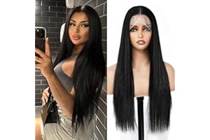 Perruque Femme Naturelle Brésilien Perruque en Dentelle HD Yaki Cheveux de Bébé Noir Pas de Colle pour Synthétique 26 pouces Perruque Longue et Droite pour Femme FABÉLLE