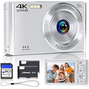 SMARTKLIK Digital Camera 2025 4K 44MP for Teens, Silver Point & Shoot with 16X Zoom, 64GB SD Card, Compact Camera for Boys, Girls, Teens & Kids Gift