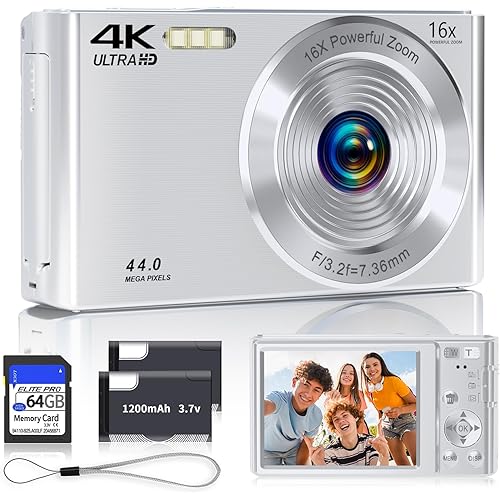 SMARTKLIK Digital Camera 2025 4K 44MP for Teens, Silver Point & Shoot with 16X Zoom, 64GB SD Card, Compact Camera for Boys, Girls, Teens & Kids Gift